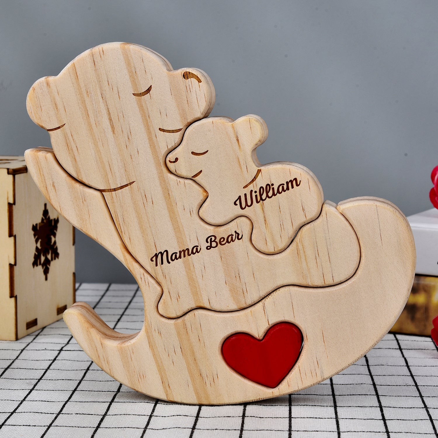 Mamá Oso - Regalo para madres y abuelas - Rompecabezas de madera personalizado con forma personalizada 